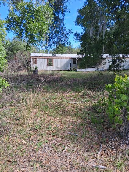 Small white house with a brown door, surrounded by tall trees and overgrown grass in a rural yard.