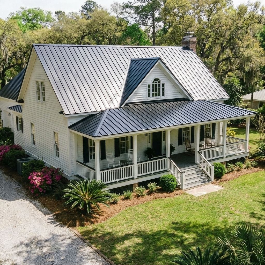 A white, two-story farmhouse with a dark metal roof, large front porch, and surrounding greenery in a residential setting.