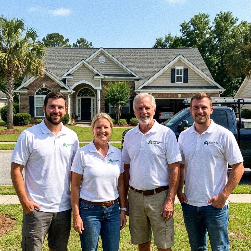 Four people in branded white polo shirts stand smiling in front of a residential house on a sunny day.