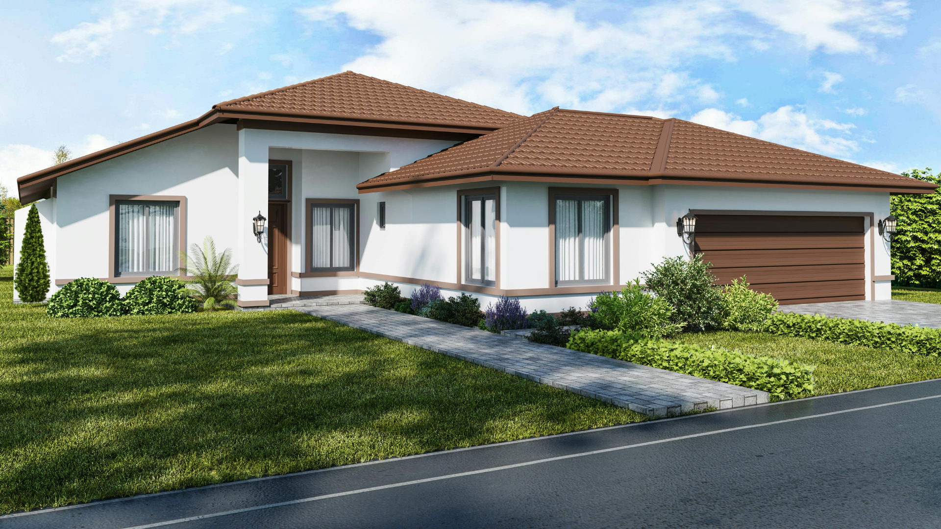 A single-story white house with a brown tile roof, a wooden garage door, and a front walkway, set against a blue sky.
