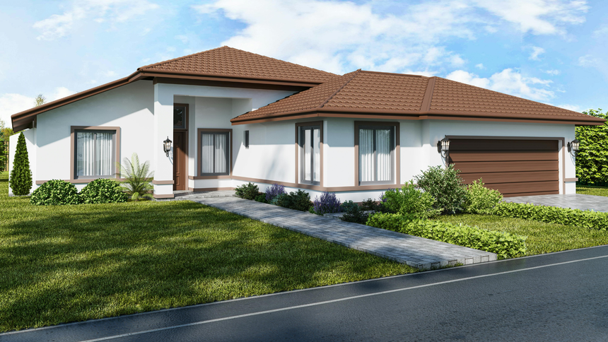 A single-story white house with a brown tile roof, a wooden garage door, and a front walkway, set against a blue sky.