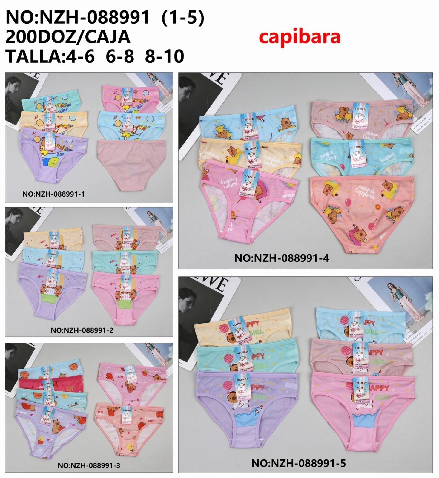 Varios conjuntos de ropa interior en múltiples colores con estampado de capibara.