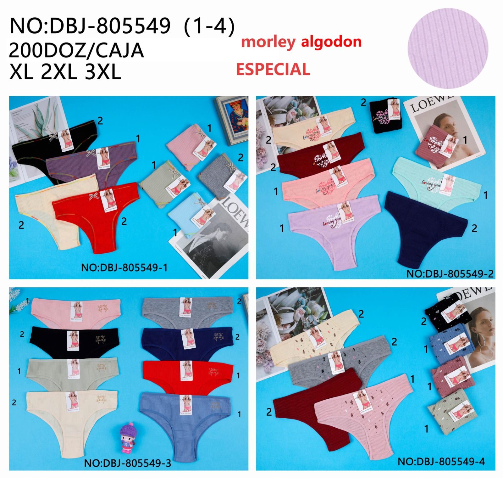 Ropa interior femenina surtida en varios colores, tallas XL, 2XL y 3XL. El texto incluye