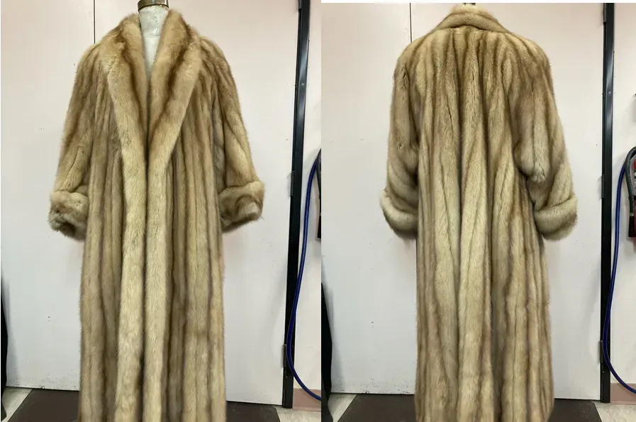 Full-length tan fur coat on a mannequin, front and back views.