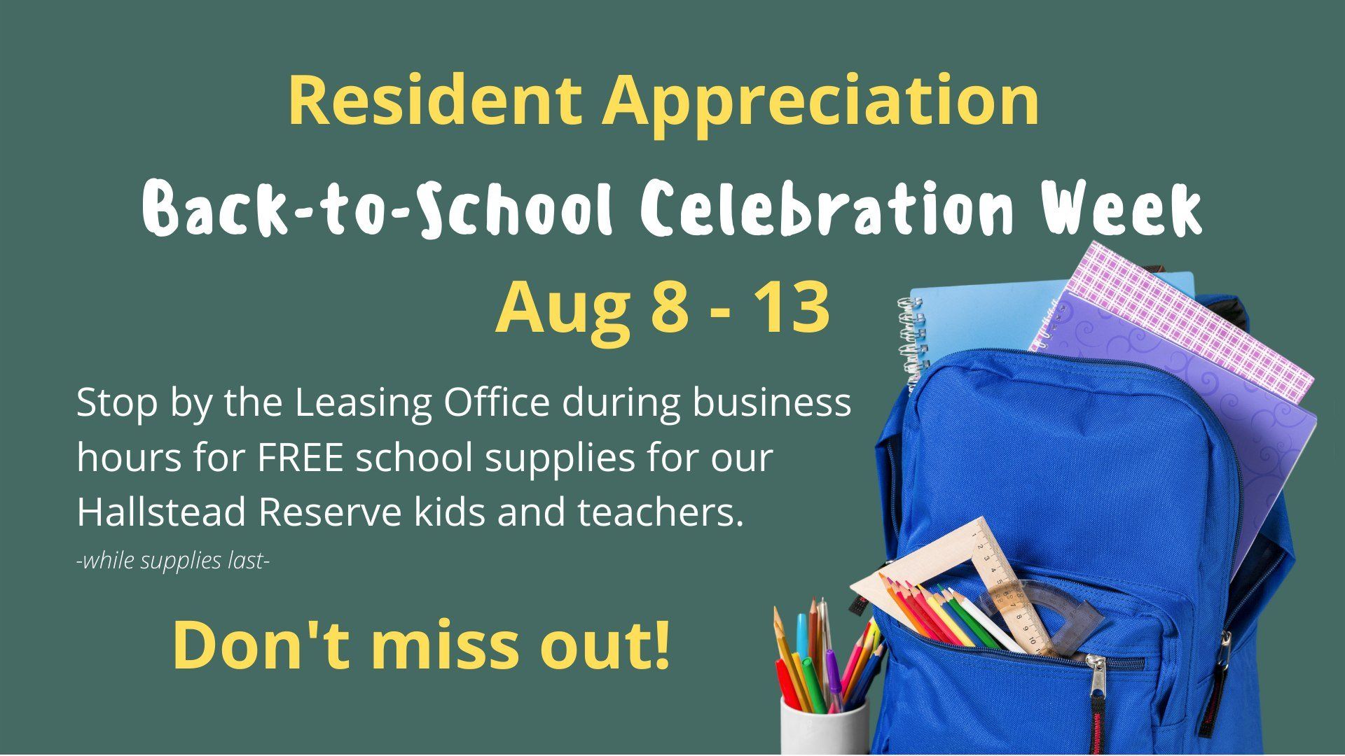 Apartments at Hallstead Reserve 2022 Back to School Giveaway