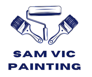 The logo for sam vic painting shows two paint brushes and a paint roller.