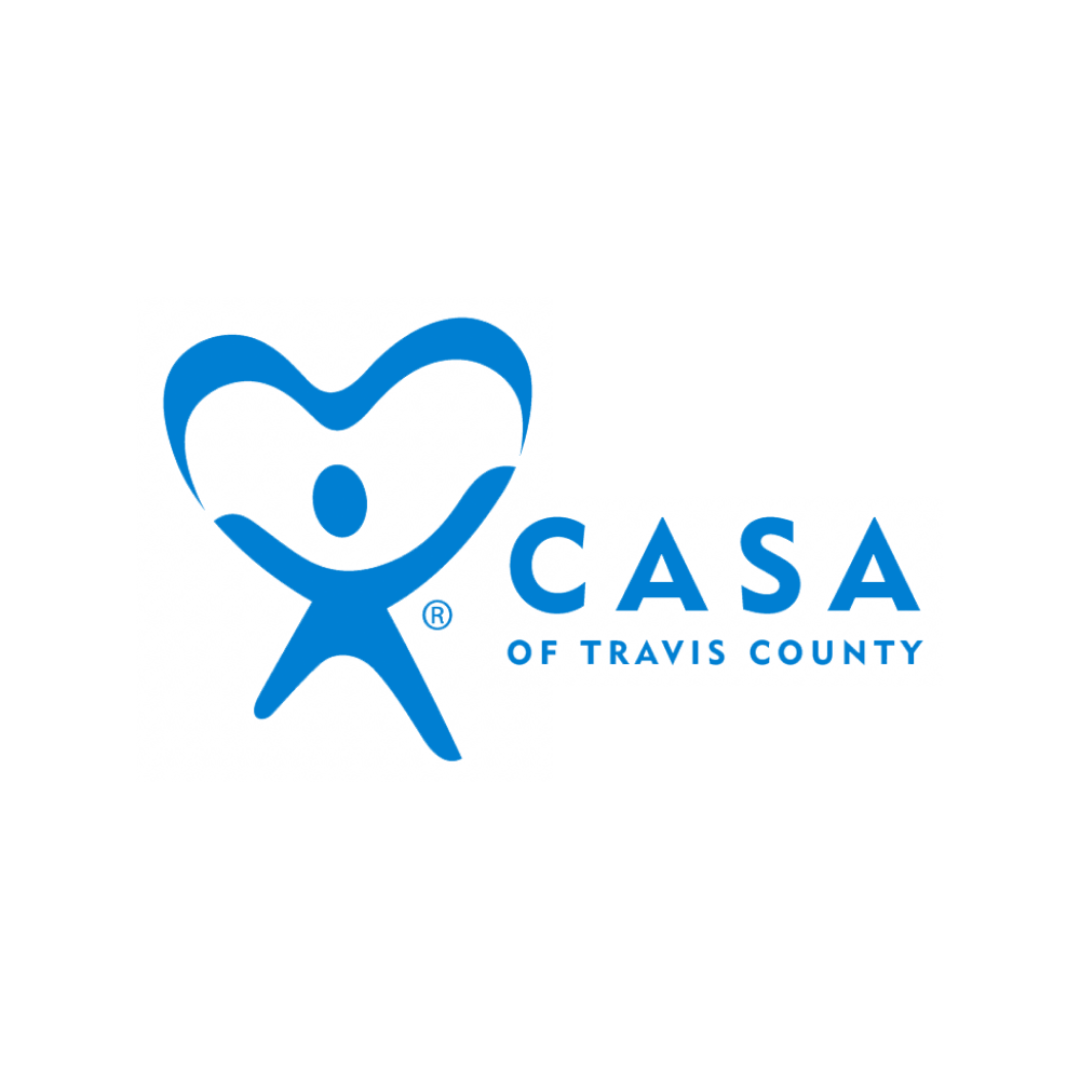 A blue logo for casa of travis county