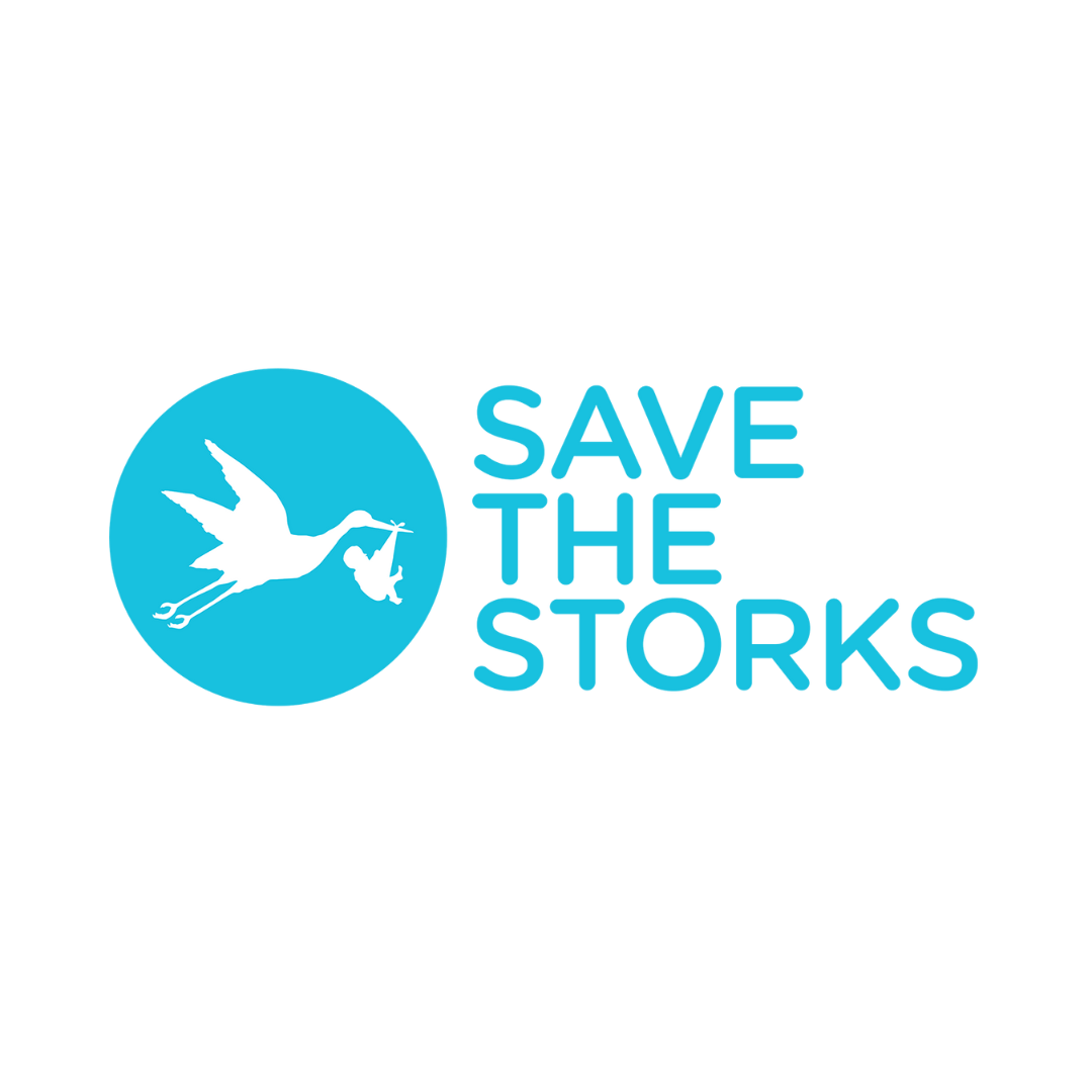 The logo for save the storks shows a stork holding a baby in its beak.