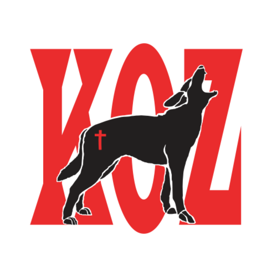 A silhouette of a wolf howling with a cross on its back