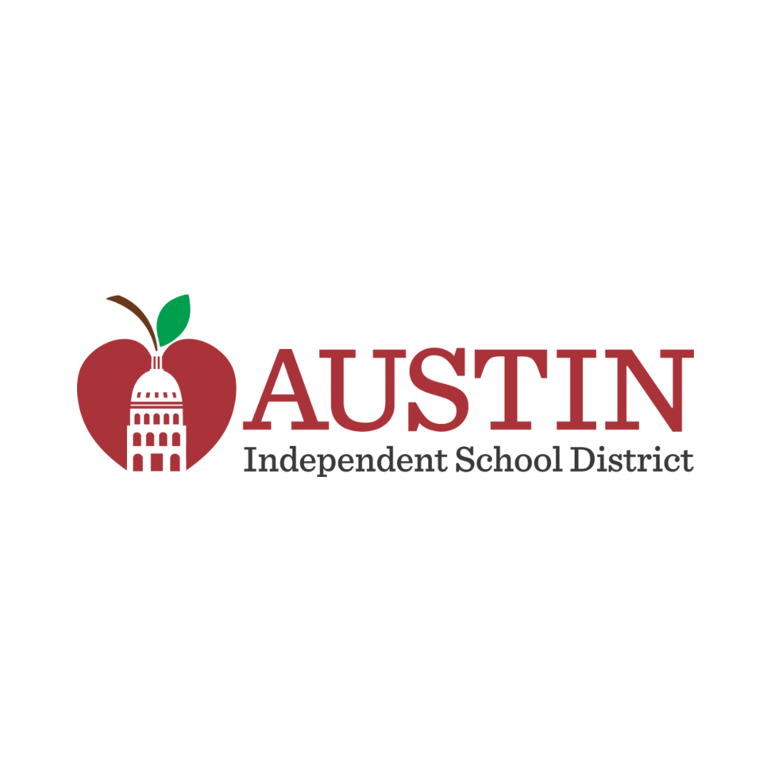 The logo for austin independent school district is a red apple with a capitol building on it.