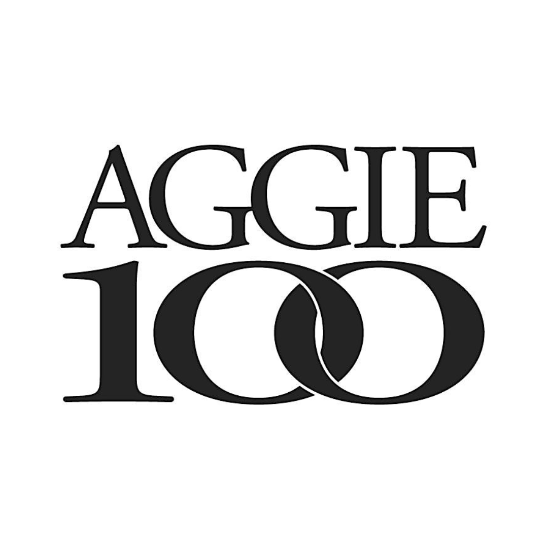 The aggie 100 logo is black and white and looks like a wedding ring.