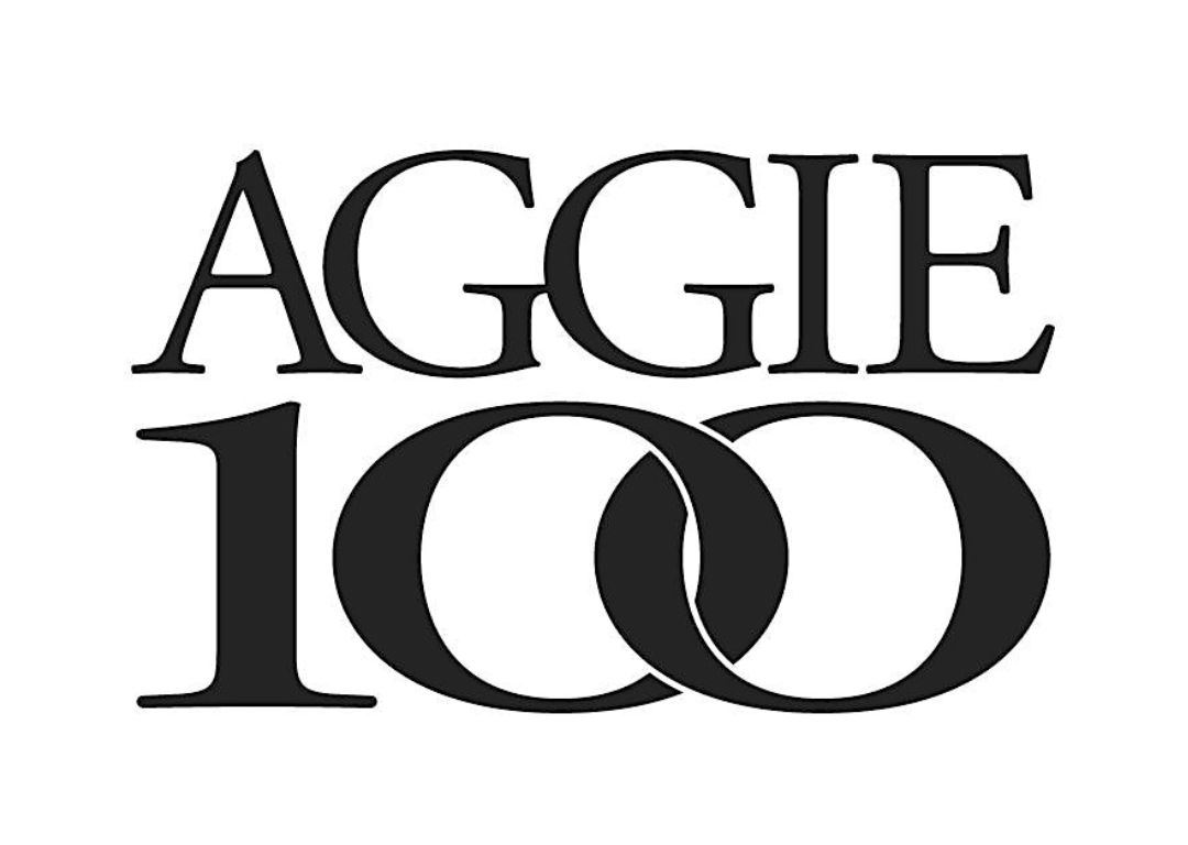 The logo for aggie 100 is black and white and looks like a wedding ring.