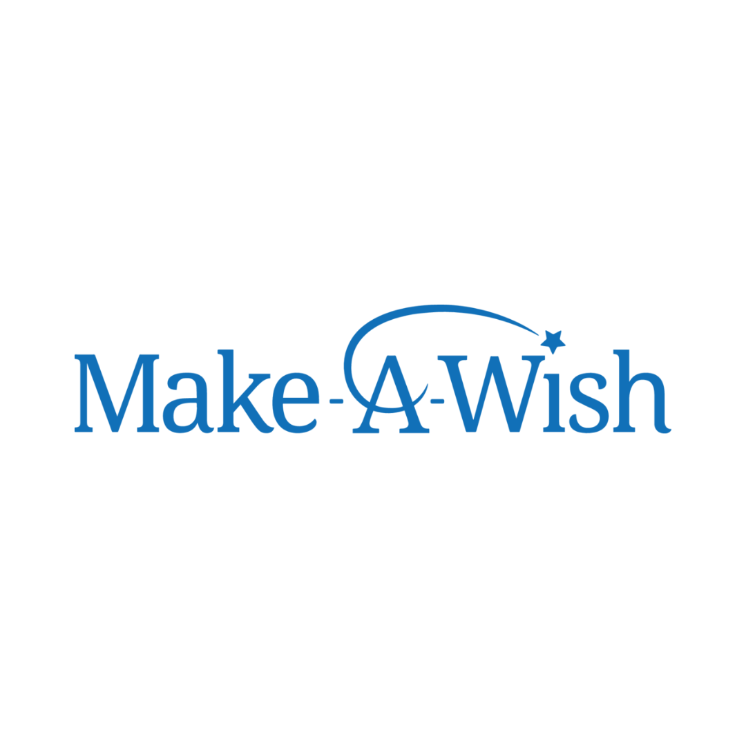 The make a wish logo is blue and white on a white background.