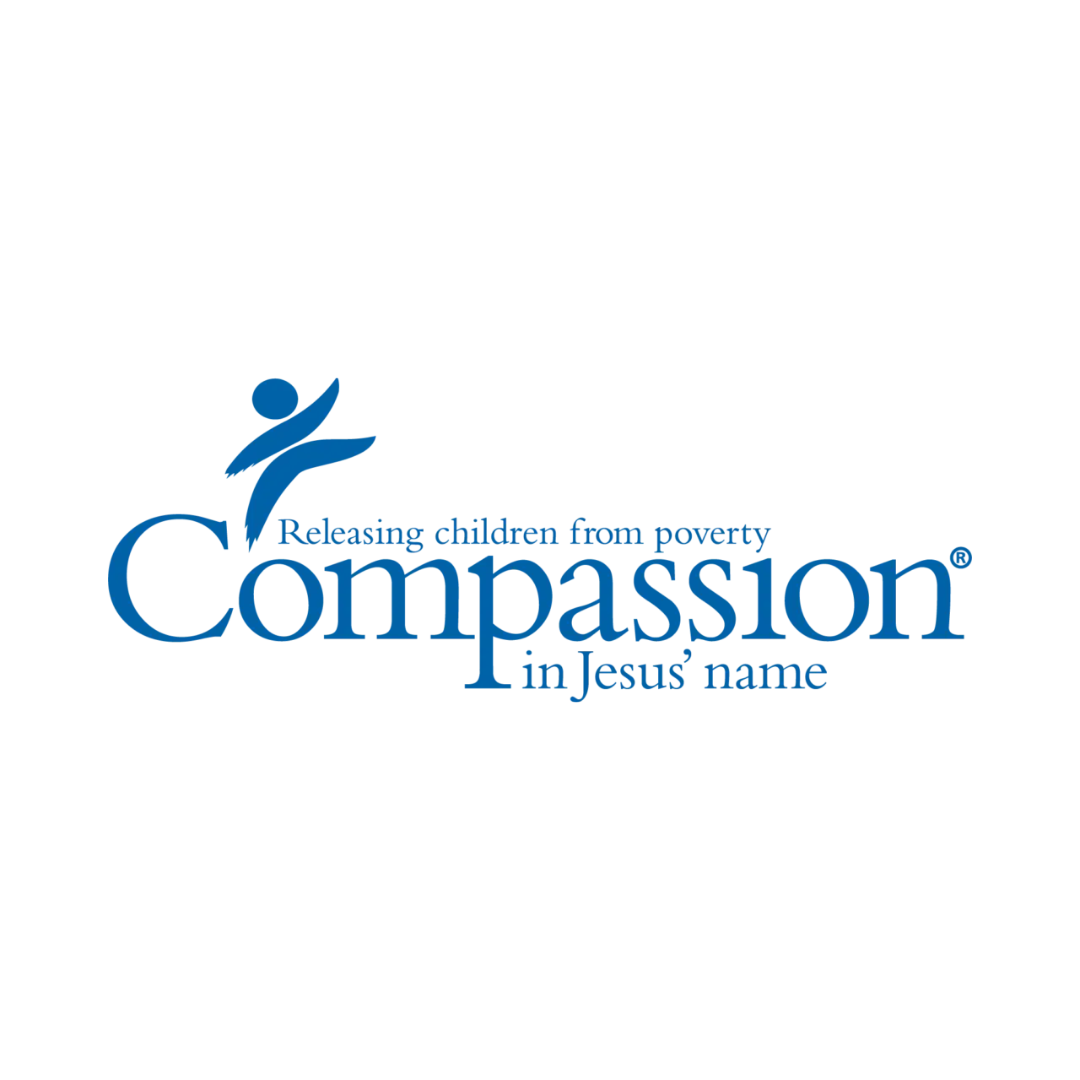 A blue logo for compassion in jesus ' name