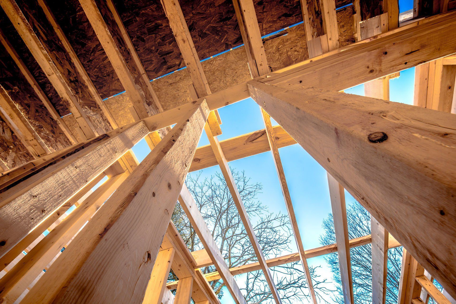 Looking up at the ceiling of a house under construction.