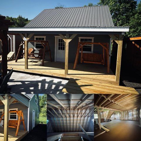 A house with a porch and swings on it