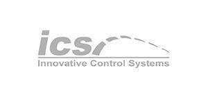 Logo for ICS, Innovative Control Systems, in gray with a sweeping arc design