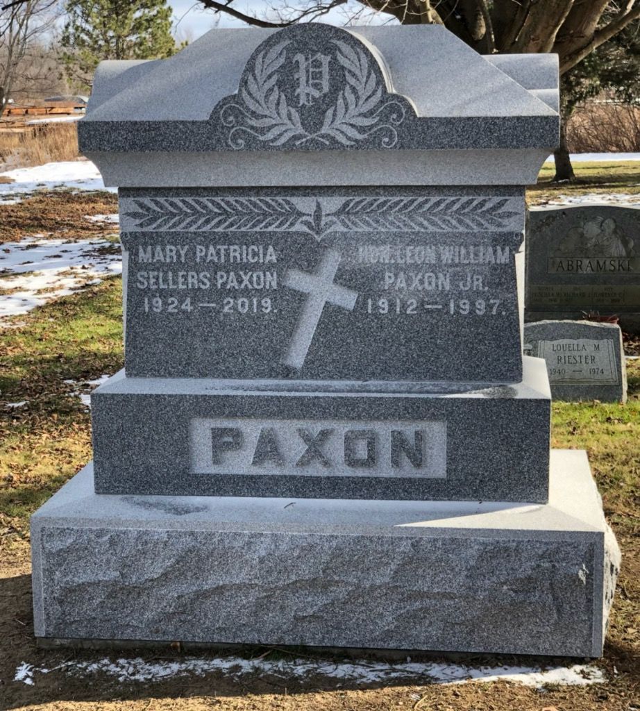Gravestone for Mary Patricia Sellers Paxon and Harrison William Paxon Jr. with the surname