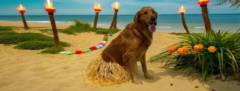 A dog wearing a hula skirt is sitting on the beach.