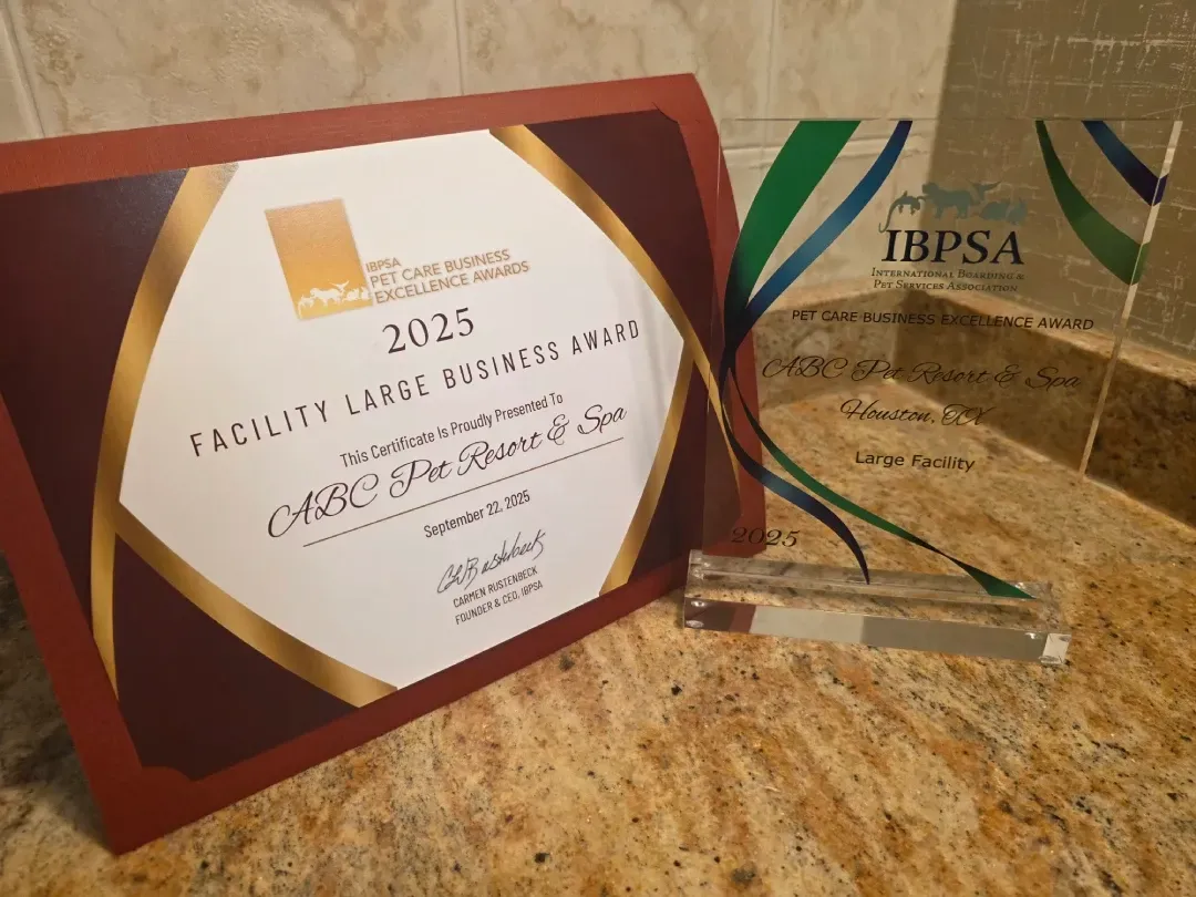 IBPSA Pet Care Business Excellence Award Trophy for ABC Pet Resort Houston