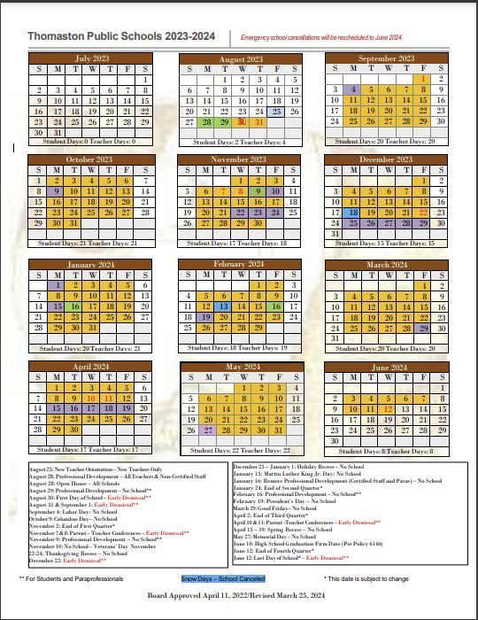A calendar for the thompson public school is shown