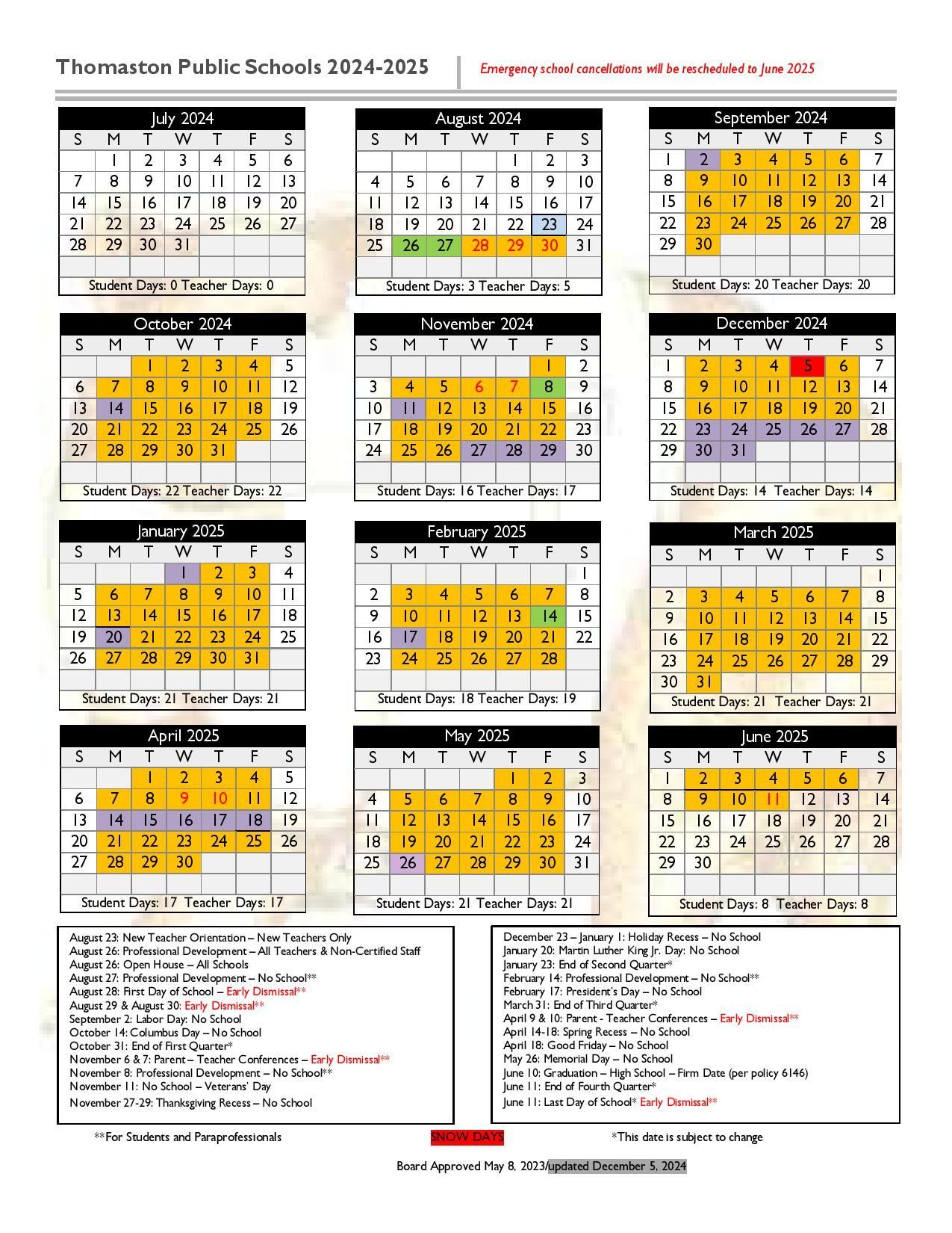 District calendar for Thomaston Public Schools 2024-2025