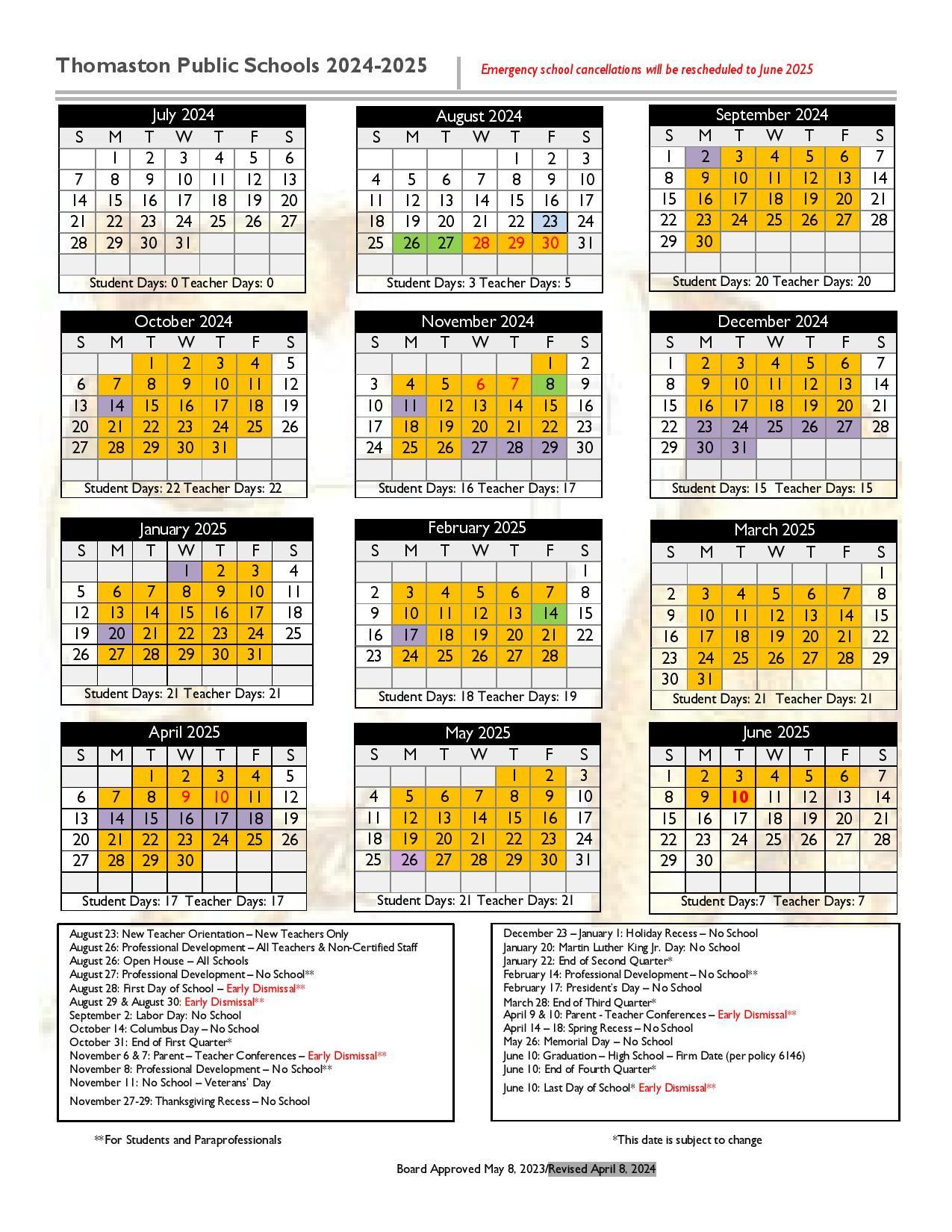 District calendar for Thomaston Public Schools 2024-2025