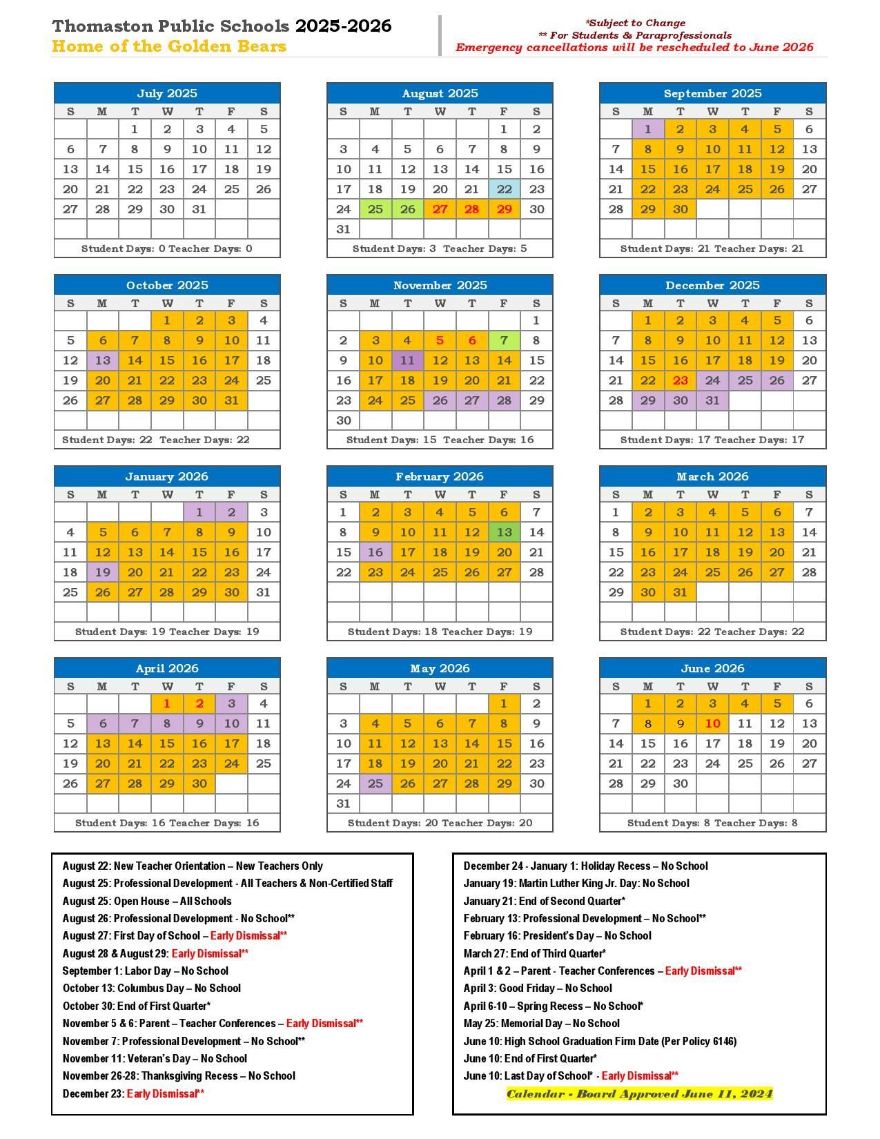 District Calendar Thomaston Public Schools