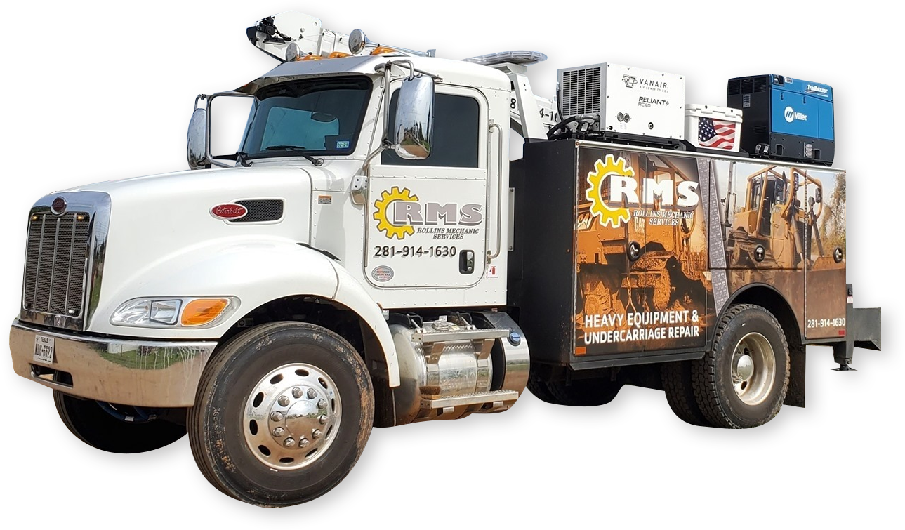 White RMS service truck with equipment on its back, parked.