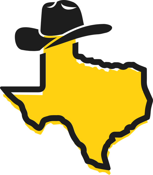 Texas outline in yellow and black, wearing a black cowboy hat.