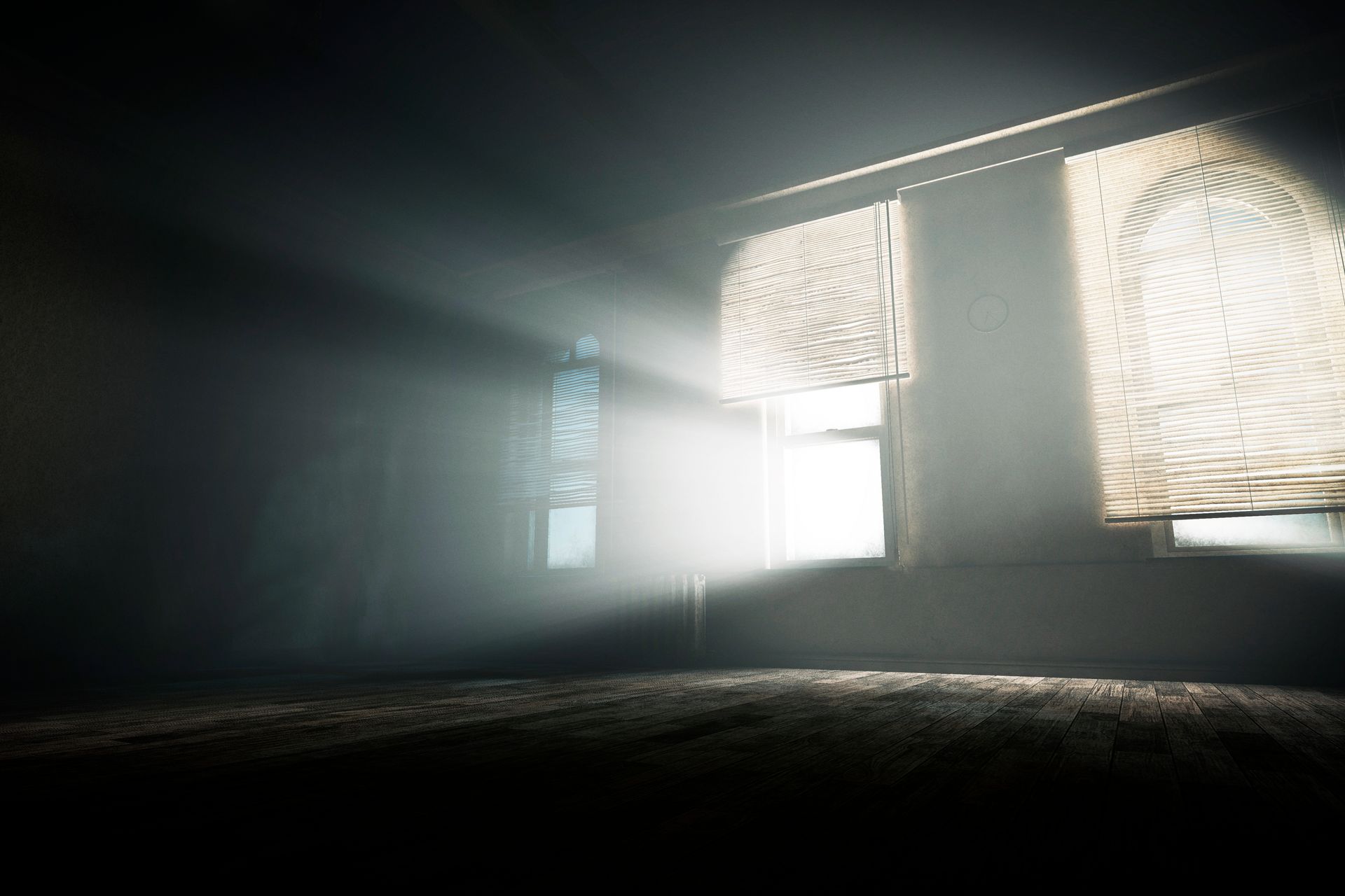 Spooky empty room with mysterious light beams