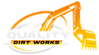 Orange excavator logo with &ldquo;QUALITY DIRT WORKS&rdquo; text on a white background