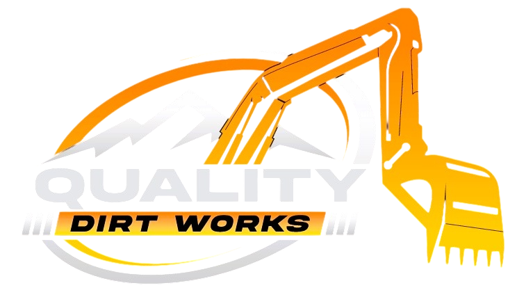 Orange excavator logo with &ldquo;QUALITY DIRT WORKS&rdquo; text on a white background