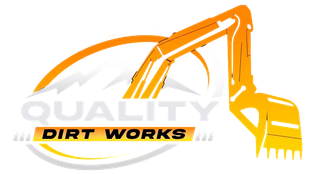 Orange excavator logo with &ldquo;QUALITY DIRT WORKS&rdquo; text on a white background