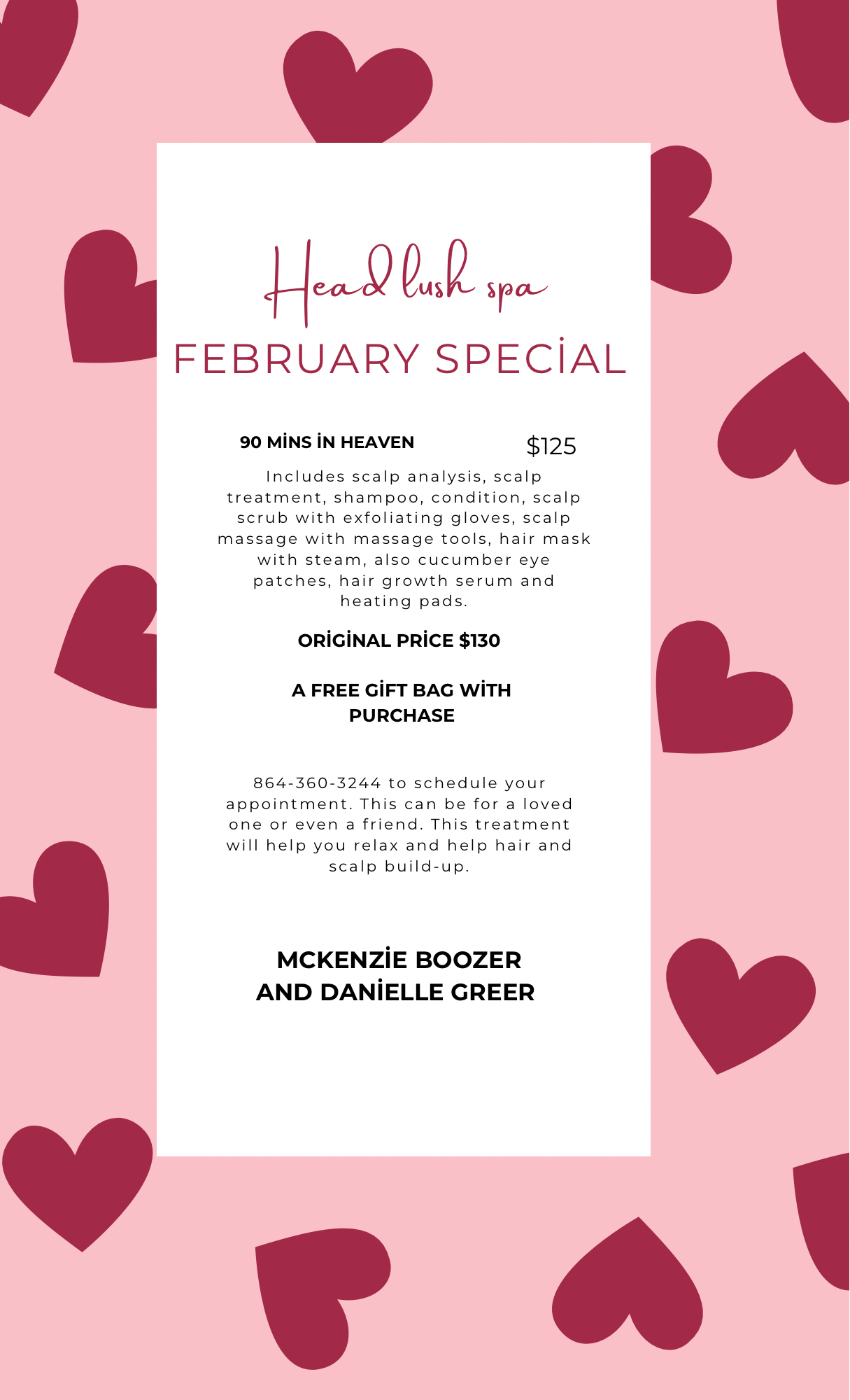 A february special menu with red hearts on a pink background.