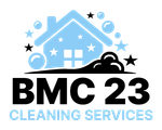 Logo for "BMC 23 Cleaning Services," a light blue house, bubbles, stars, and black text.