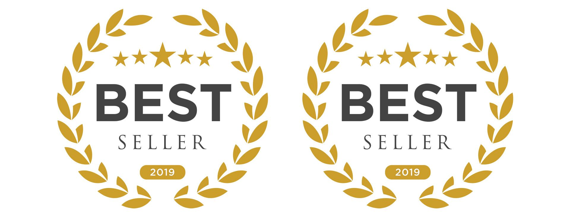 Two gold laurel wreath emblems with five stars, the text 