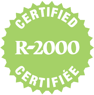 A green certified r-2000 sticker on a white background