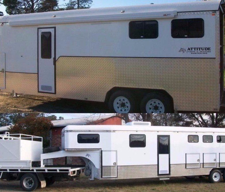 Learn more about our horse float roof service A horse trailer with the word attitude on it