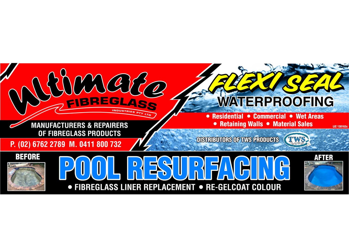 A poster for ultimate fibreglass flexi seal waterproofing pool resurfacing