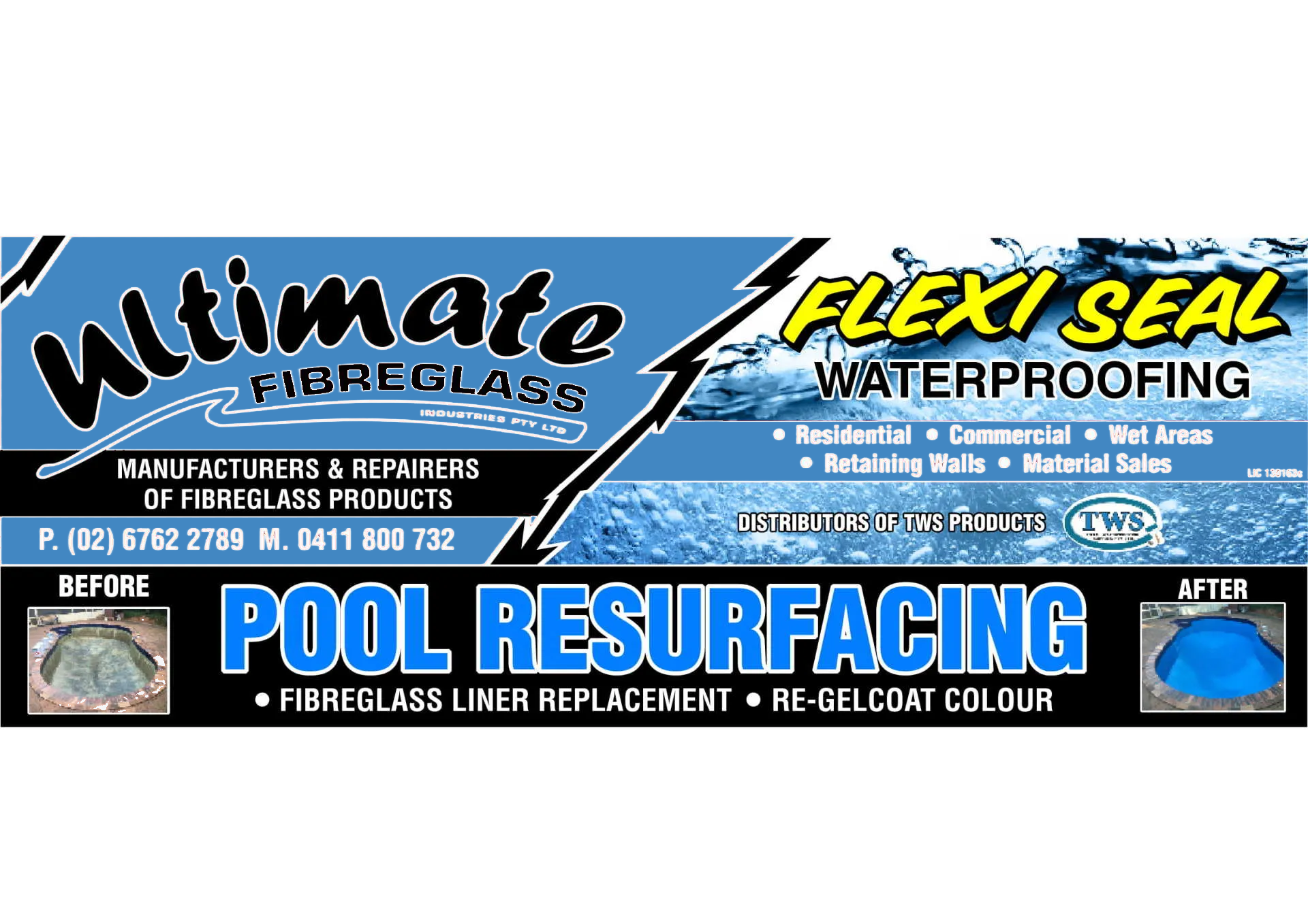A poster for ultimate fibreglass flexi seal waterproofing pool resurfacing