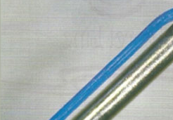 A close up of a blue hose and a metal pipe