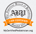 American Board of Pediatrics badge with orange “I AM CERTIFIED” ribbon and MyCertifiedPediatrician.org text