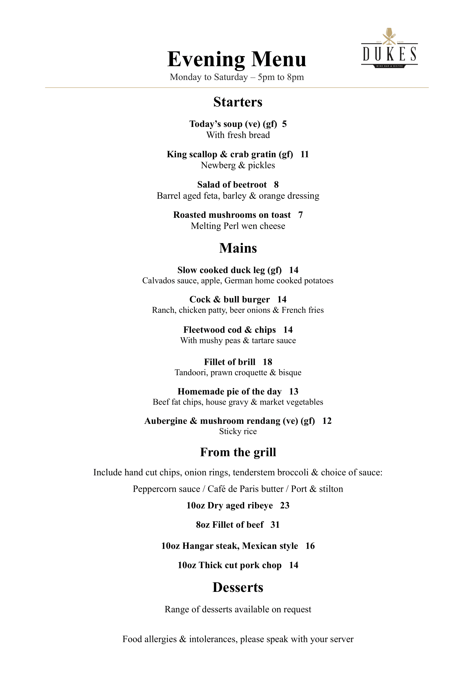 Menu Dukes Wine Bar & Bistro in Ainsdale