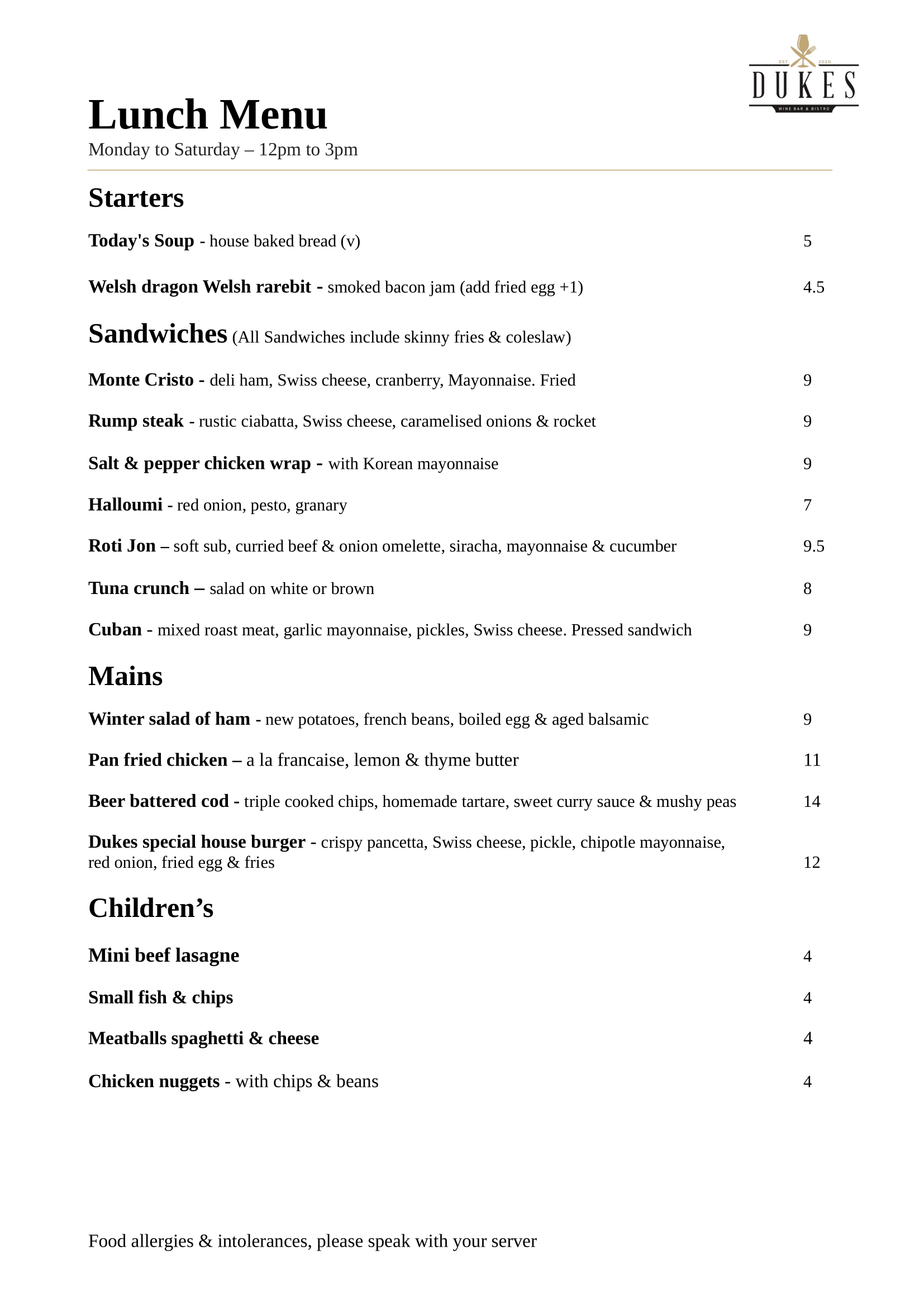 Menu Dukes Wine Bar & Bistro in Ainsdale