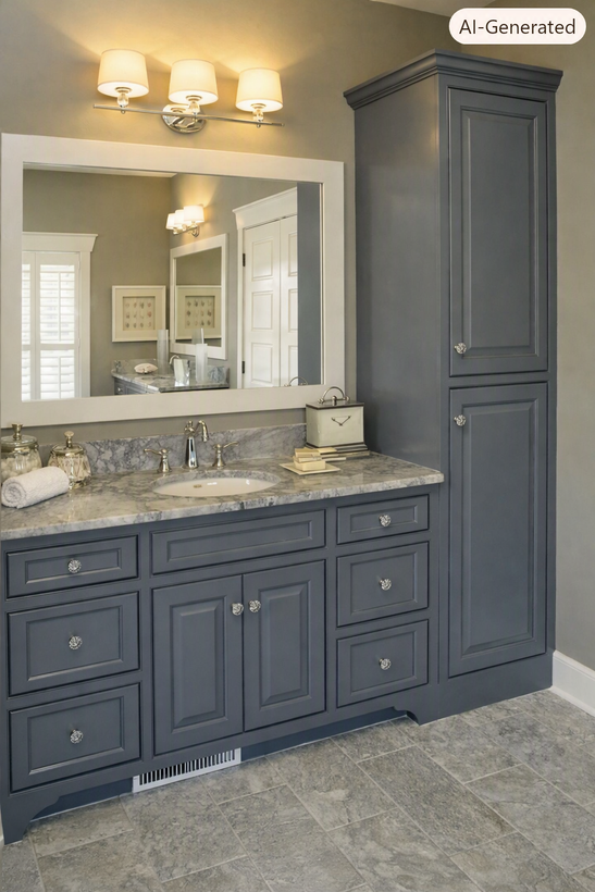 Gray bathroom vanity with granite countertop, large mirror, and tall cabinet under wall sconces