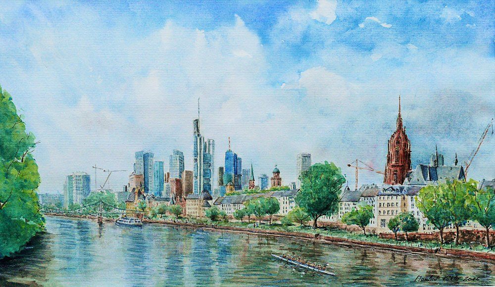 Frankfurt - Blick auf die City Aquarell Panorama Mainufer Main Bild © Manfred Köhler