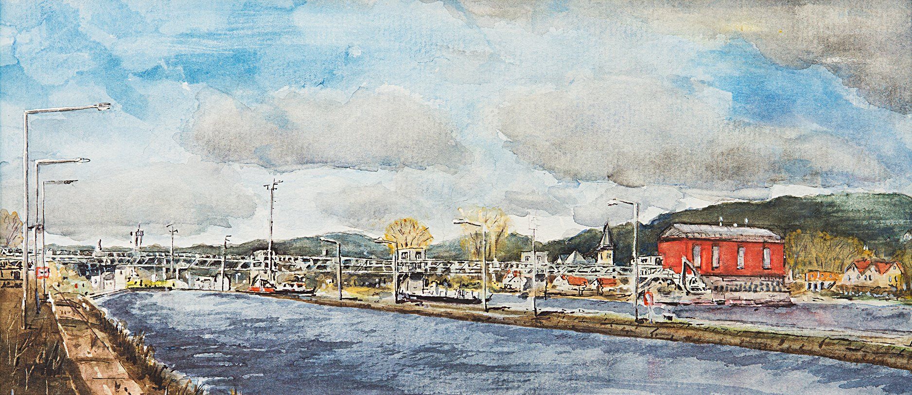 Großwallstadt / Kleinwallstadt - Schleuse Wallstadt Aquarell © Manfred Köhler