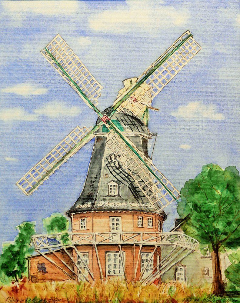 Insel Föhr - Windmühle Borgsum Aquarell © Manfred Köhler