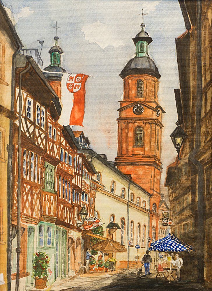 Miltenberg - Schwarzviertel / St. Jakobus Aquarell © Manfred Köhler